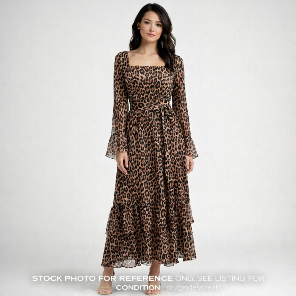 NWT Endless Moon Leopard Maxi Dress Square Neck Belted Long Sleeve Feminine L
